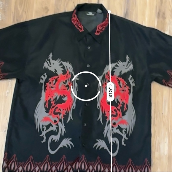 VTG Y2K 2000s Bright Red & Black Dragon Flame Print Alt Grunge Cyber Dress Shirt - Picture 5 of 5